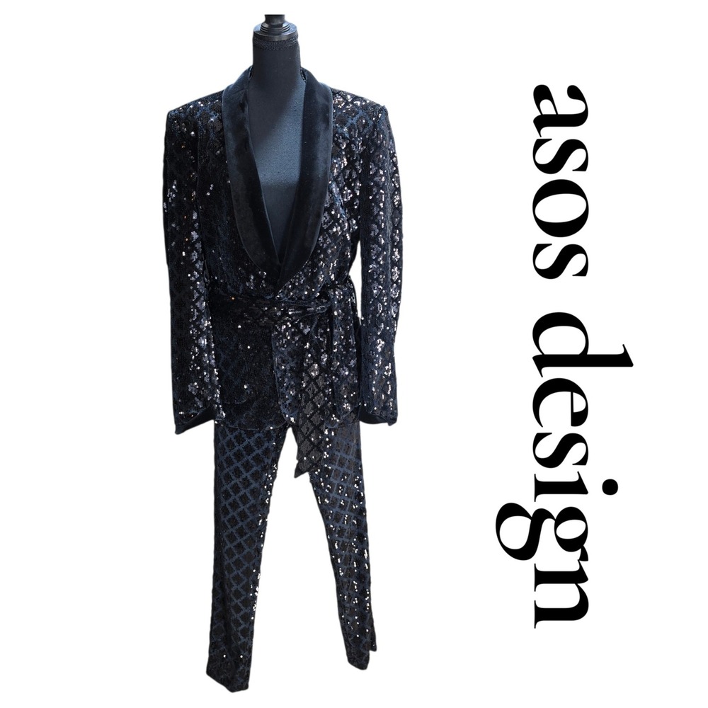 ASOS Design Suit Mens 38/31 Black Sequin Velvet Shawl Lapel Belted Luxury Disco